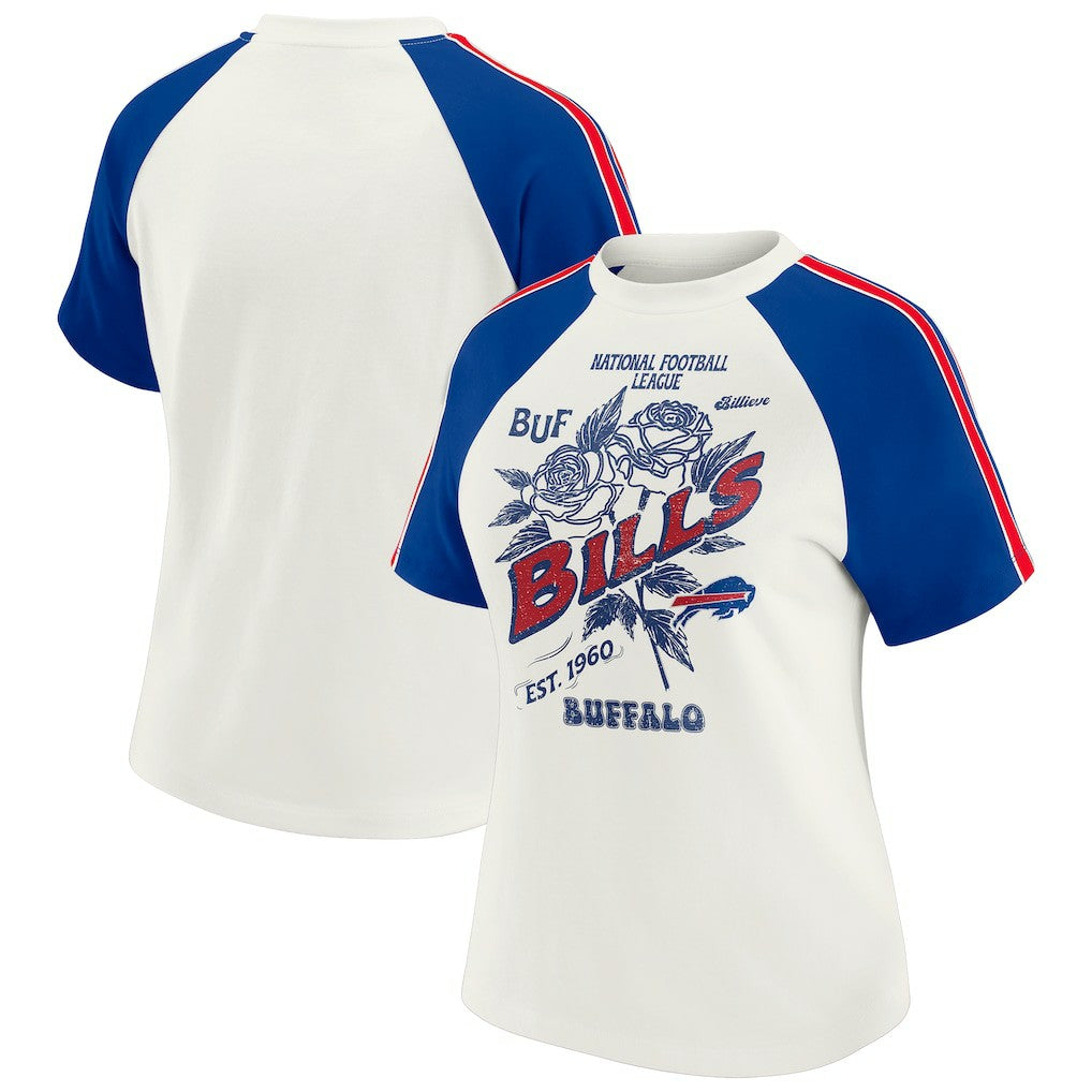 Buffalo Bills WEAR by Erin Andrews Women's Sleeve Stripe Distressed Raglan T-Shirt - White - NFL