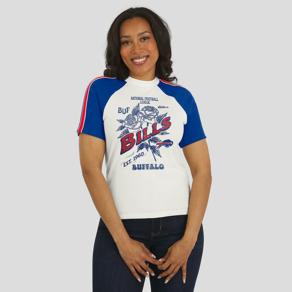 Buffalo Bills WEAR by Erin Andrews Women's Sleeve Stripe Distressed Raglan T-Shirt - White - NFL