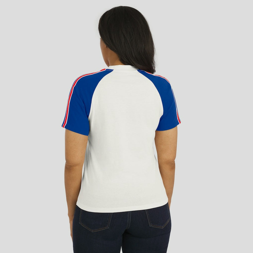 Buffalo Bills WEAR by Erin Andrews Women's Sleeve Stripe Distressed Raglan T-Shirt - White - NFL