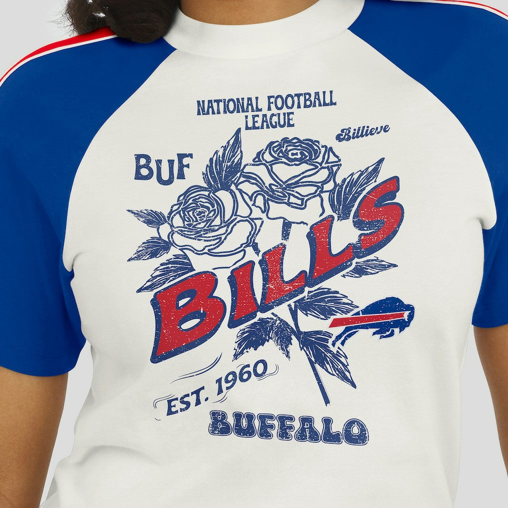 Buffalo Bills WEAR by Erin Andrews Women's Sleeve Stripe Distressed Raglan T-Shirt - White - NFL