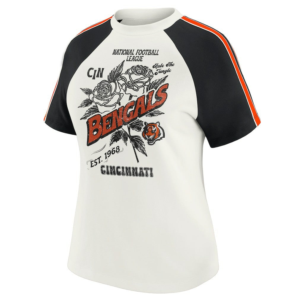 Cincinnati Bengals WEAR by Erin Andrews Women's Sleeve Stripe Distressed Raglan T-Shirt - White - NFL