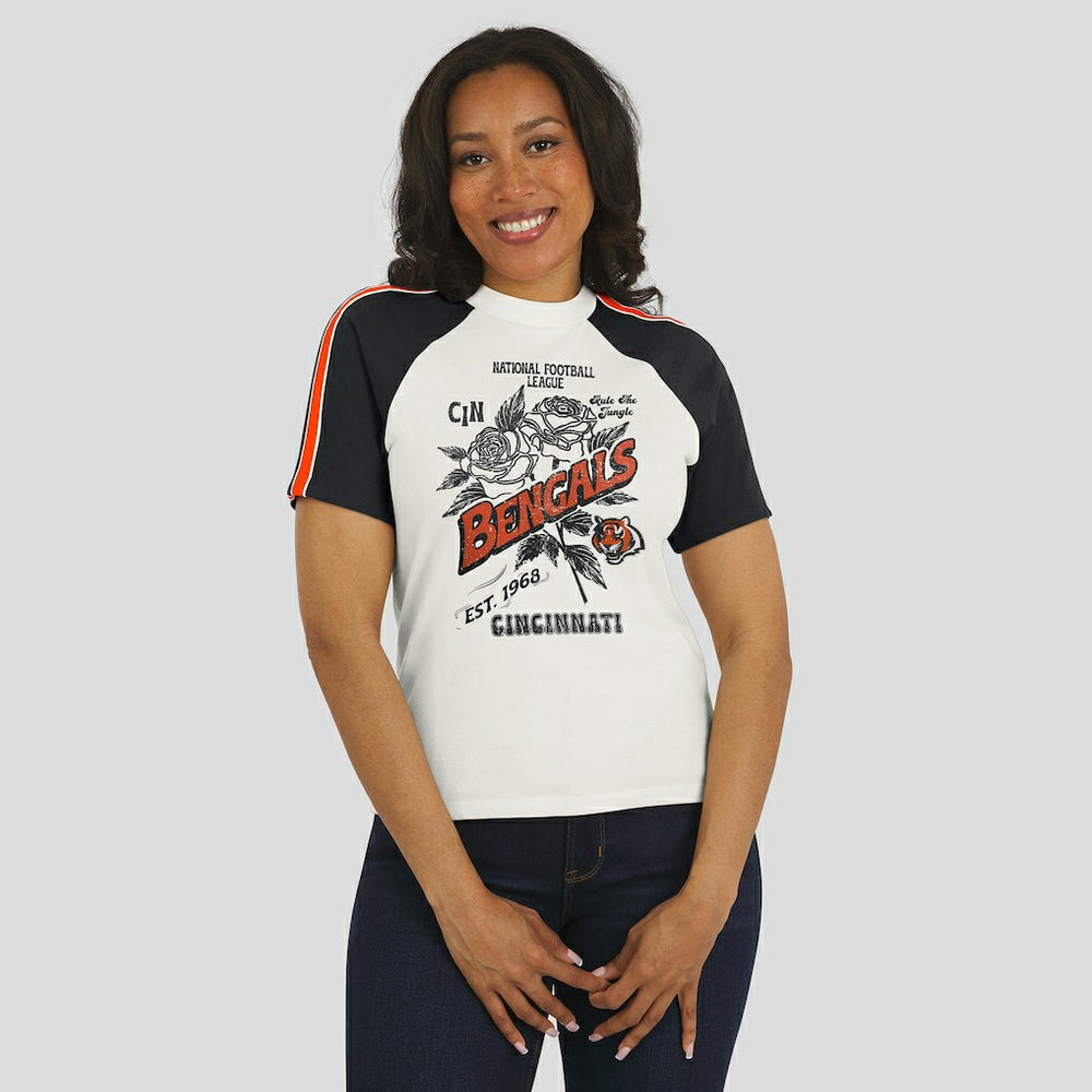 Cincinnati Bengals WEAR by Erin Andrews Women's Sleeve Stripe Distressed Raglan T-Shirt - White - NFL