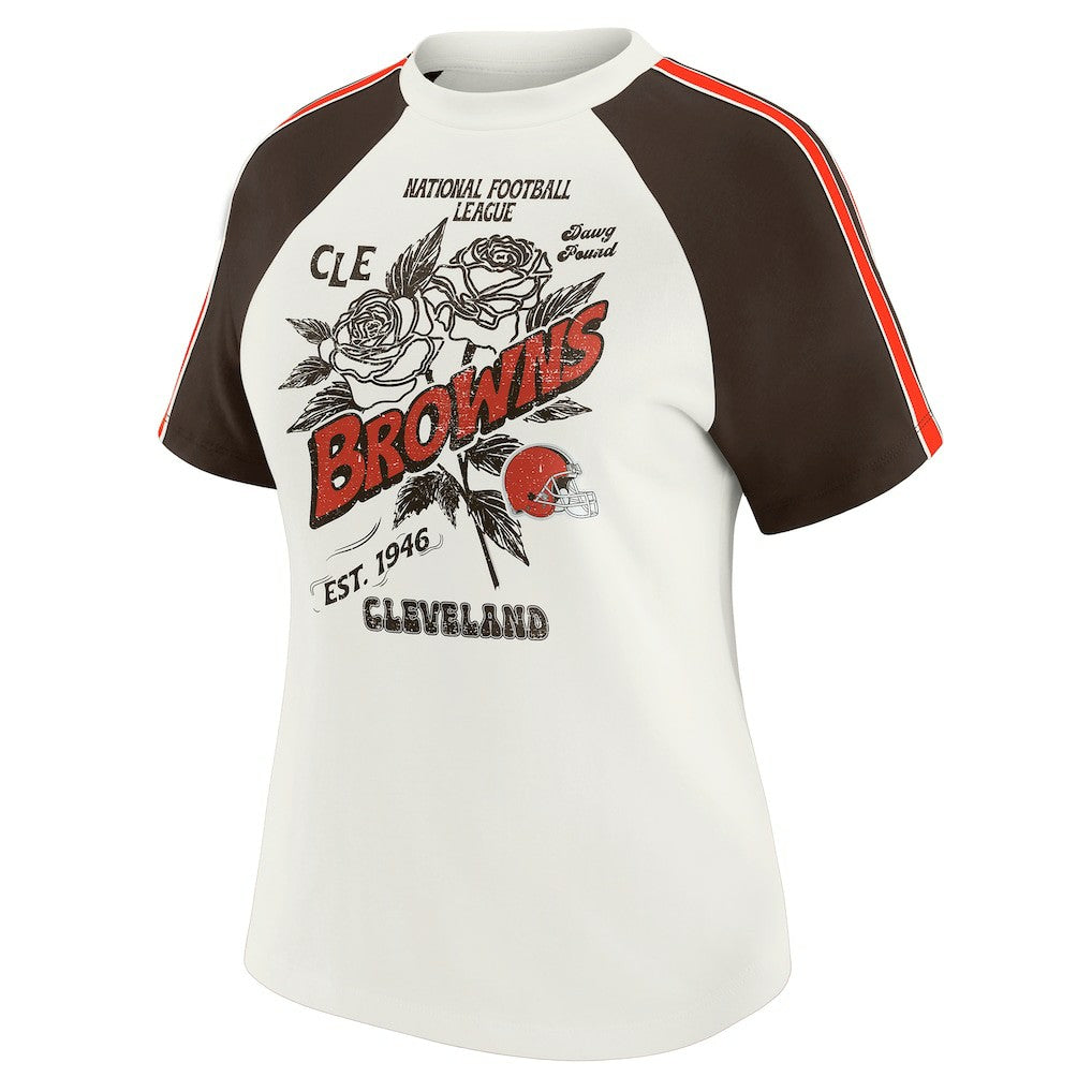 Cleveland Browns WEAR by Erin Andrews Women's Sleeve Stripe Distressed Raglan T-Shirt - White - NFL