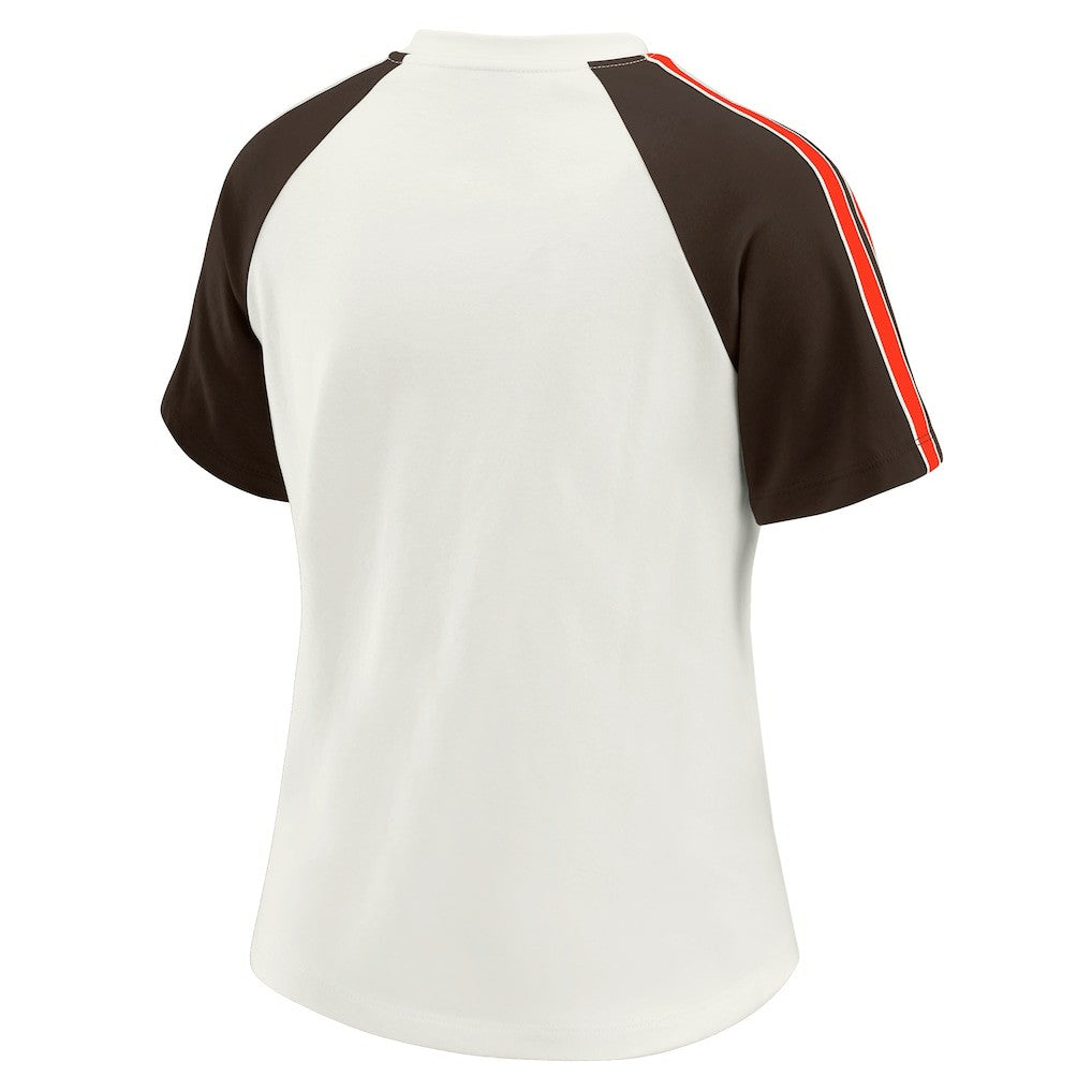 Cleveland Browns WEAR by Erin Andrews Women's Sleeve Stripe Distressed Raglan T-Shirt - White - NFL