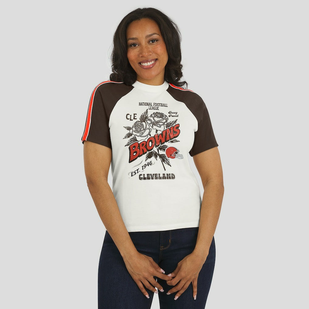 Cleveland Browns WEAR by Erin Andrews Women's Sleeve Stripe Distressed Raglan T-Shirt - White - NFL