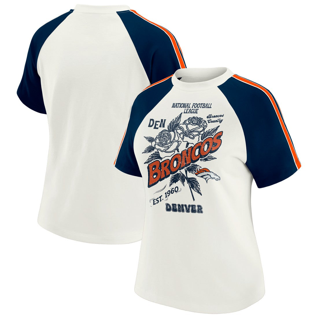 Denver Broncos WEAR by Erin Andrews Women's Sleeve Stripe Distressed Raglan T-Shirt - White - NFL