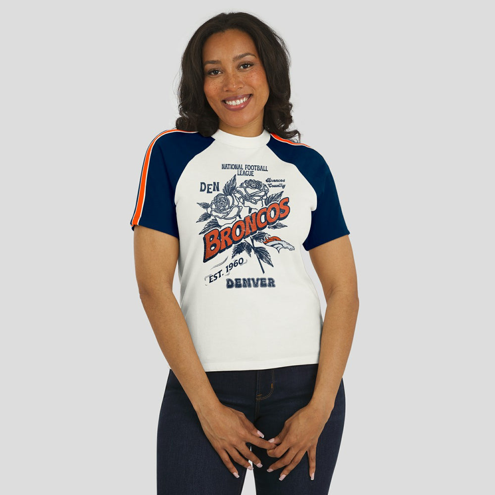 Denver Broncos WEAR by Erin Andrews Women's Sleeve Stripe Distressed Raglan T-Shirt - White - NFL