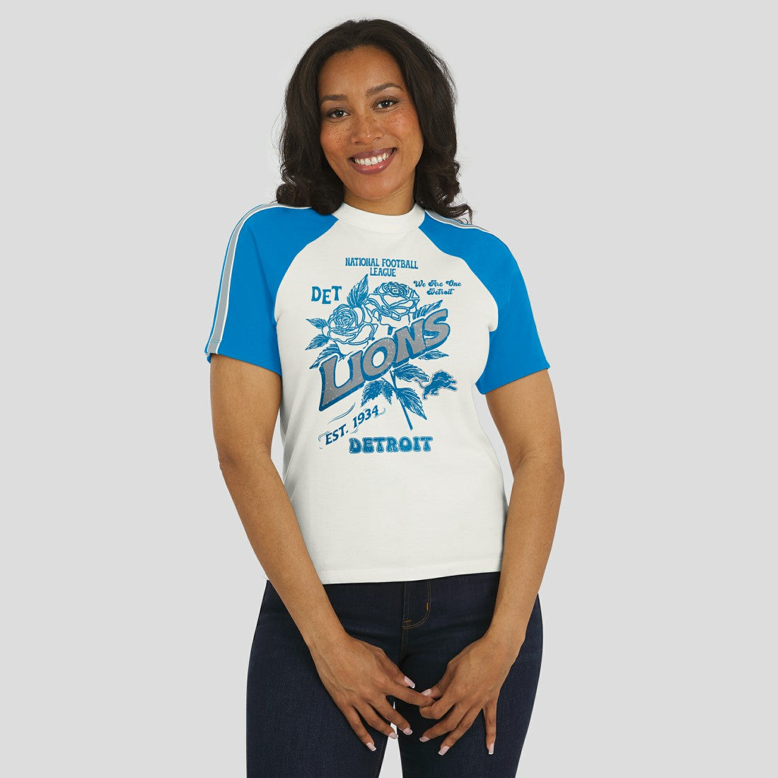 Detroit Lions WEAR by Erin Andrews Women's Sleeve Stripe Distressed Raglan T-Shirt - White - NFL
