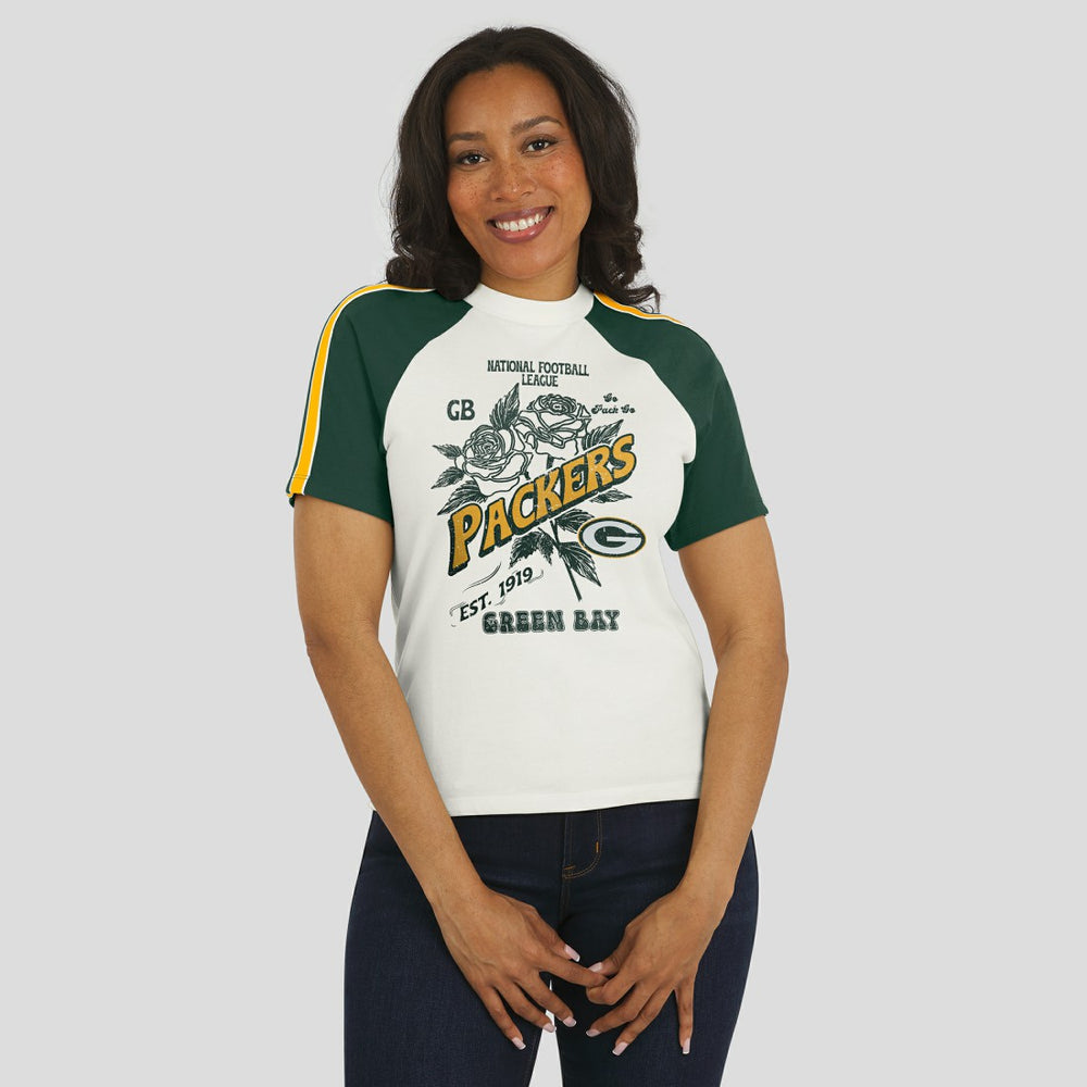Green Bay Packers WEAR by Erin Andrews Women's Sleeve Stripe Distressed Raglan T-Shirt - White - NFL