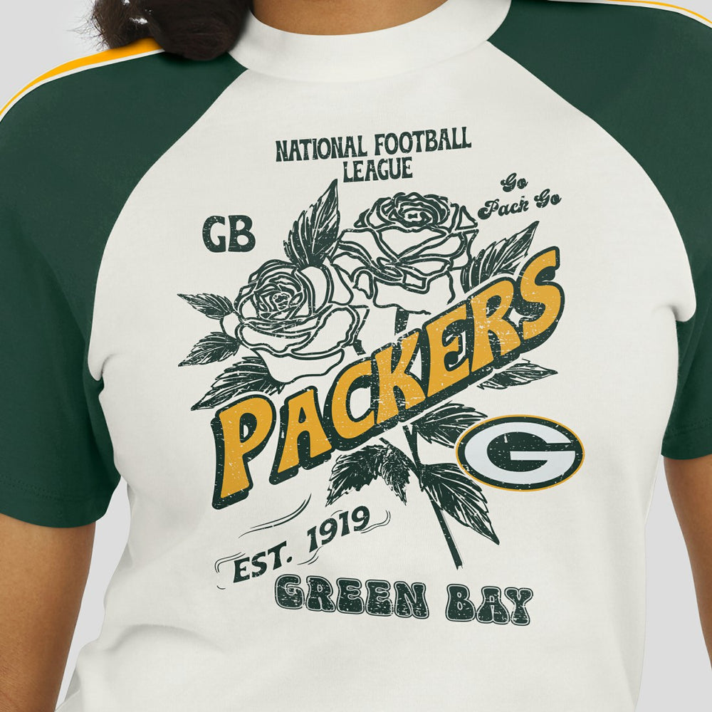 Green Bay Packers WEAR by Erin Andrews Women's Sleeve Stripe Distressed Raglan T-Shirt - White - NFL
