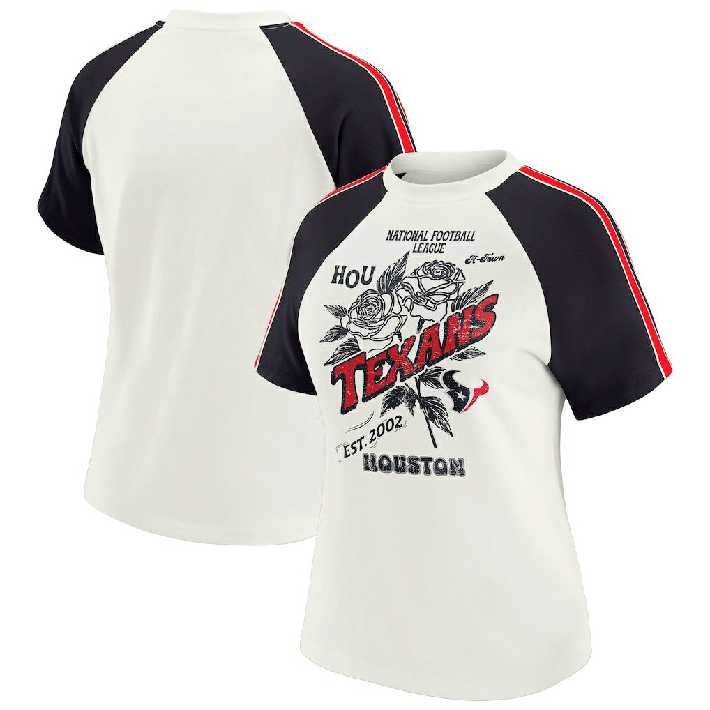 Houston Texans WEAR by Erin Andrews Women's Sleeve Stripe Distressed Raglan T-Shirt - White - NFL