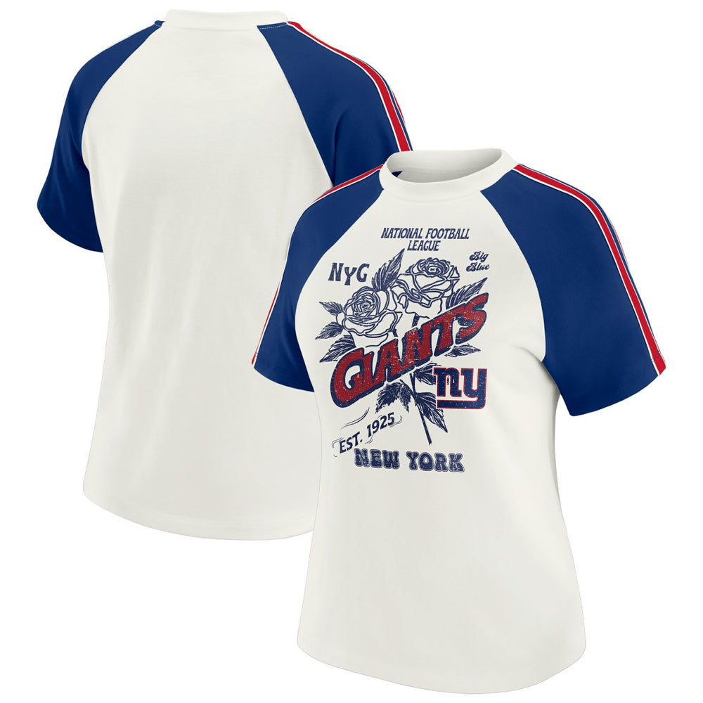 New York Giants WEAR by Erin Andrews Women's Sleeve Stripe Distressed Raglan T-Shirt - White - NFL