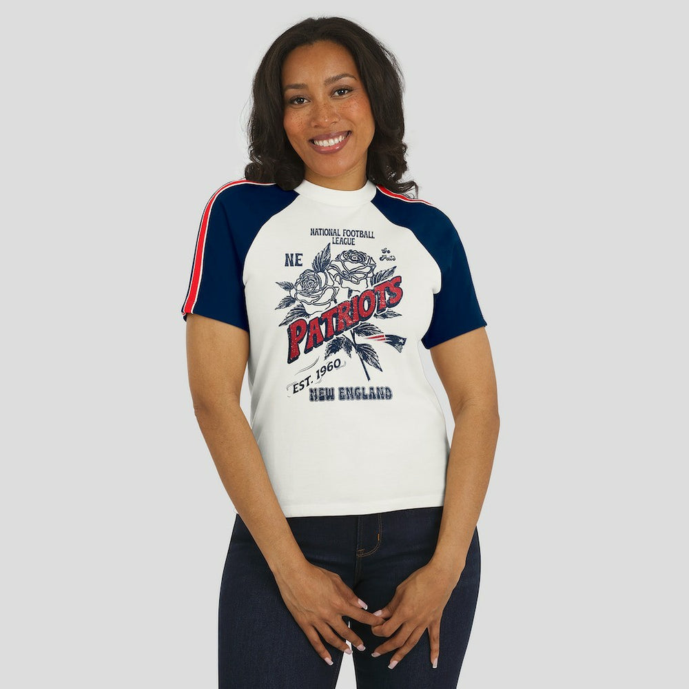 New England Patriots WEAR by Erin Andrews Women's Sleeve Stripe Distressed Raglan T-Shirt - White - NFL