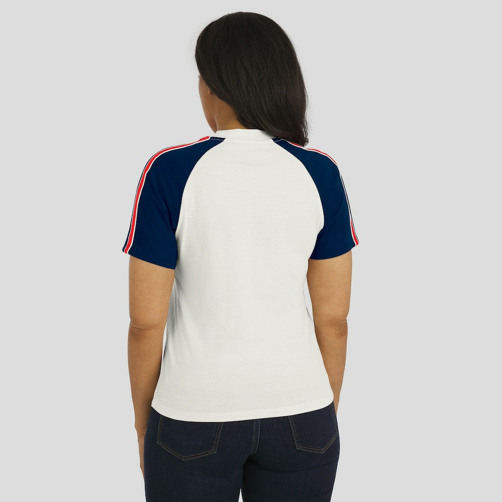 New England Patriots WEAR by Erin Andrews Women's Sleeve Stripe Distressed Raglan T-Shirt - White - NFL