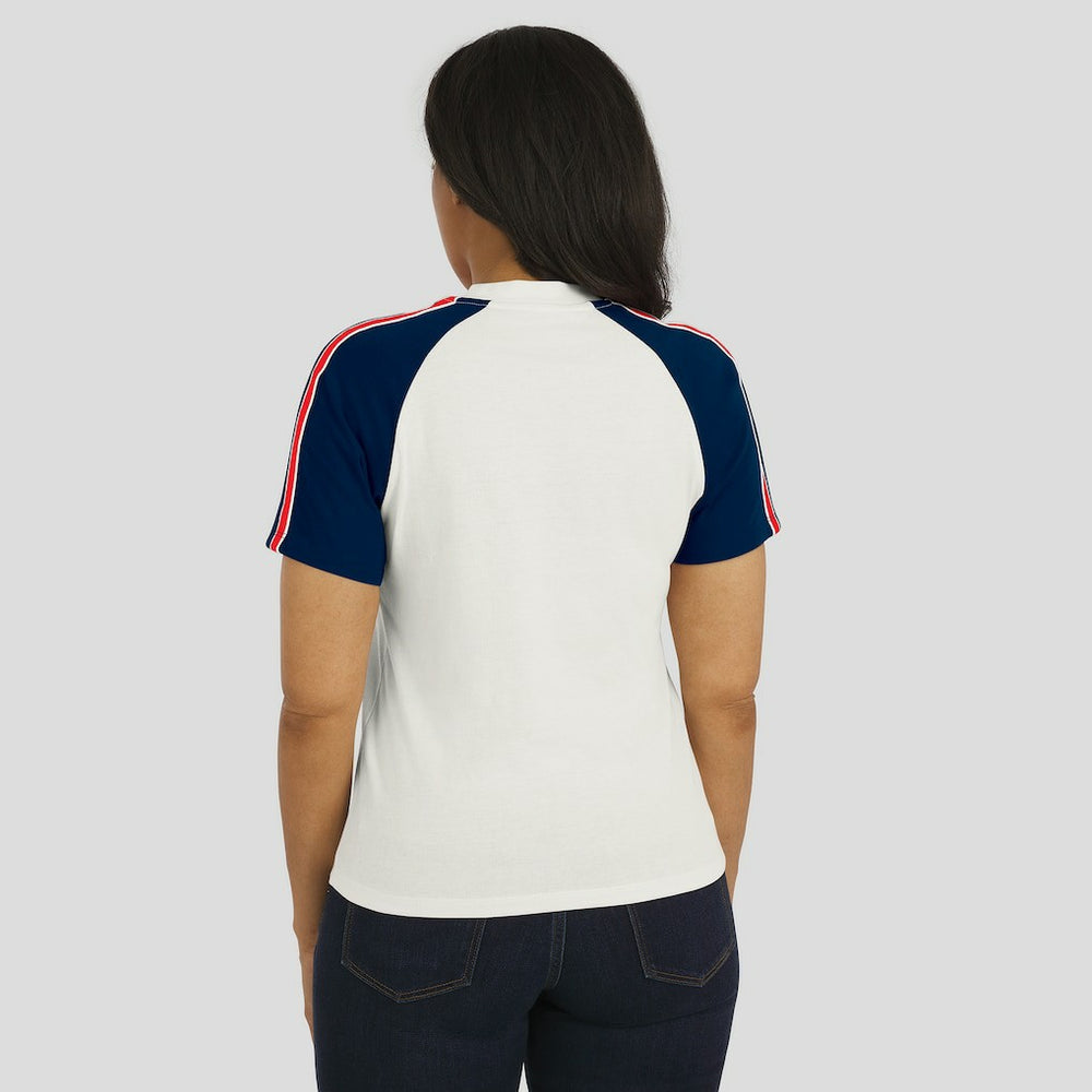 New England Patriots WEAR by Erin Andrews Women's Sleeve Stripe Distressed Raglan T-Shirt - White - NFL