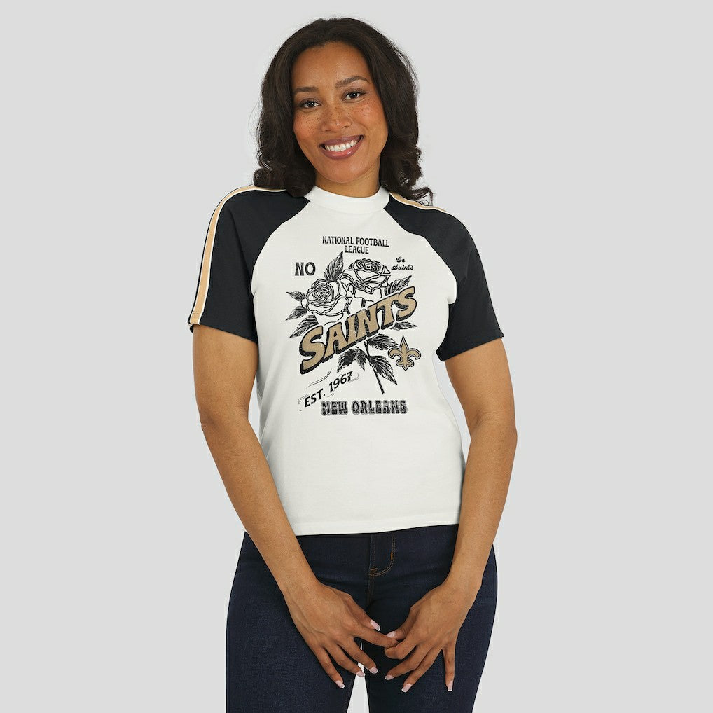 New Orleans Saints WEAR by Erin Andrews Women's Sleeve Stripe Distressed Raglan T-Shirt - White - NFL
