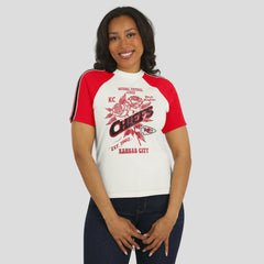 Kansas City Chiefs WEAR by Erin Andrews Women's Sleeve Stripe Distressed Raglan T-Shirt - White - NFL