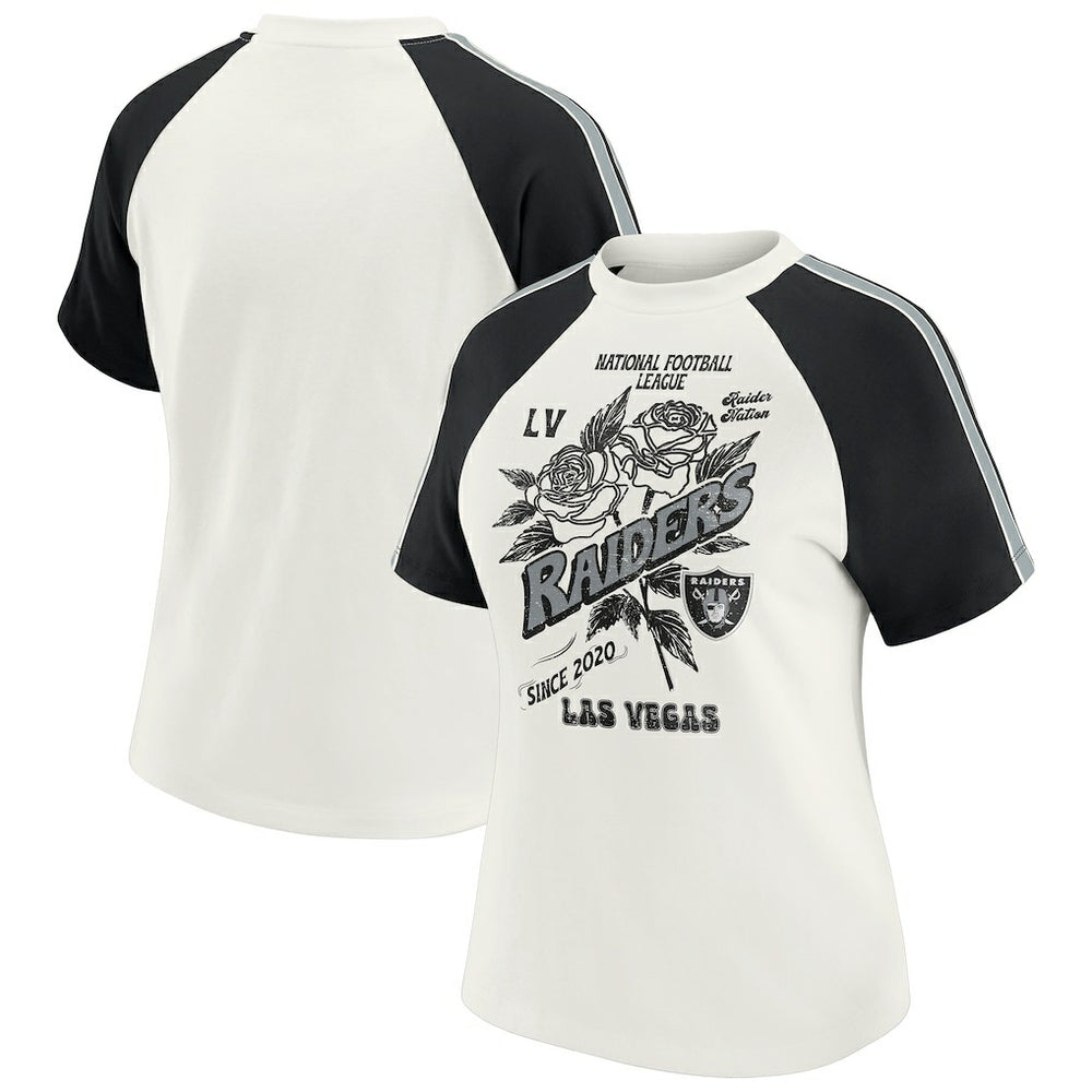 Las Vegas Raiders WEAR by Erin Andrews Women's Sleeve Stripe Distressed Raglan T-Shirt - White - NFL