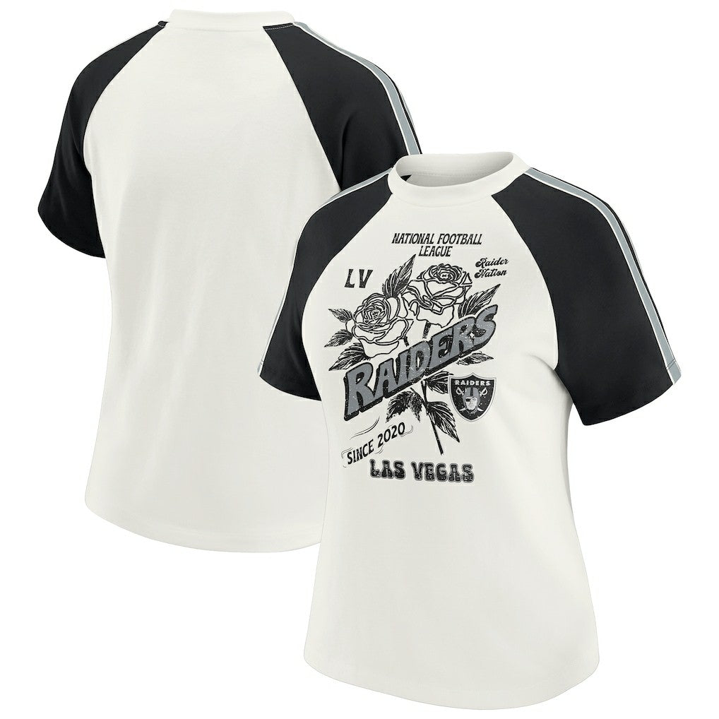 Las Vegas Raiders WEAR by Erin Andrews Women's Sleeve Stripe Distressed Raglan T-Shirt - White - NFL