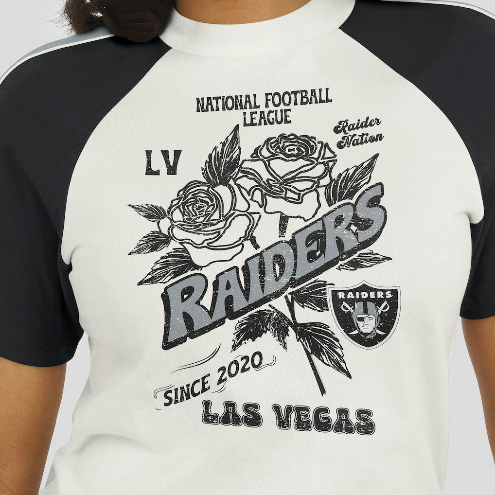 Las Vegas Raiders WEAR by Erin Andrews Women's Sleeve Stripe Distressed Raglan T-Shirt - White - NFL