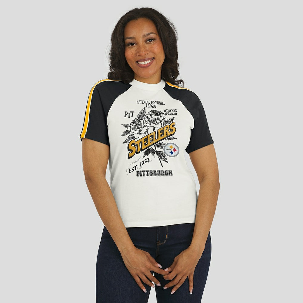 Pittsburgh Steelers WEAR by Erin Andrews Women's Sleeve Stripe Distressed Raglan T-Shirt - White - NFL