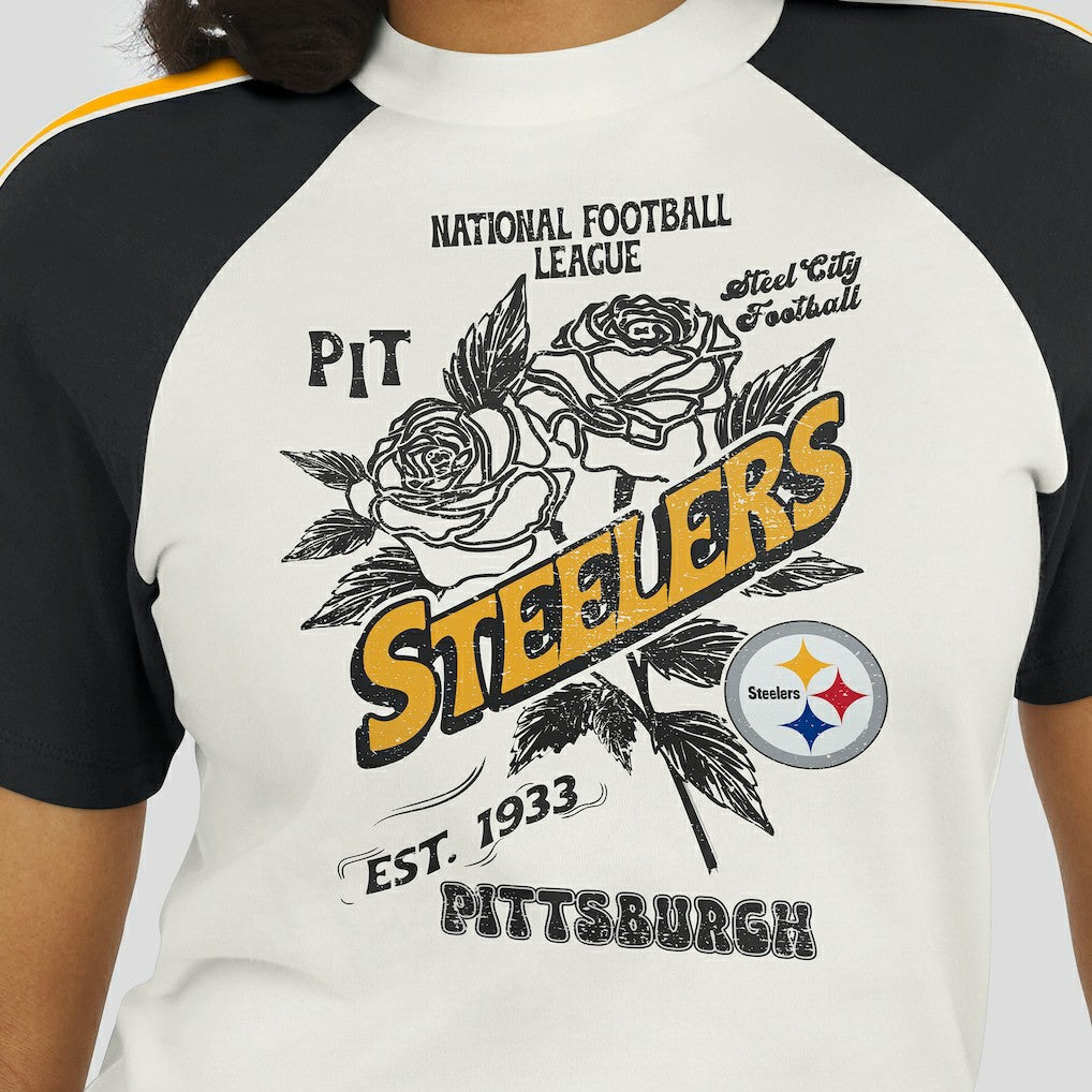 Pittsburgh Steelers WEAR by Erin Andrews Women's Sleeve Stripe Distressed Raglan T-Shirt - White - NFL