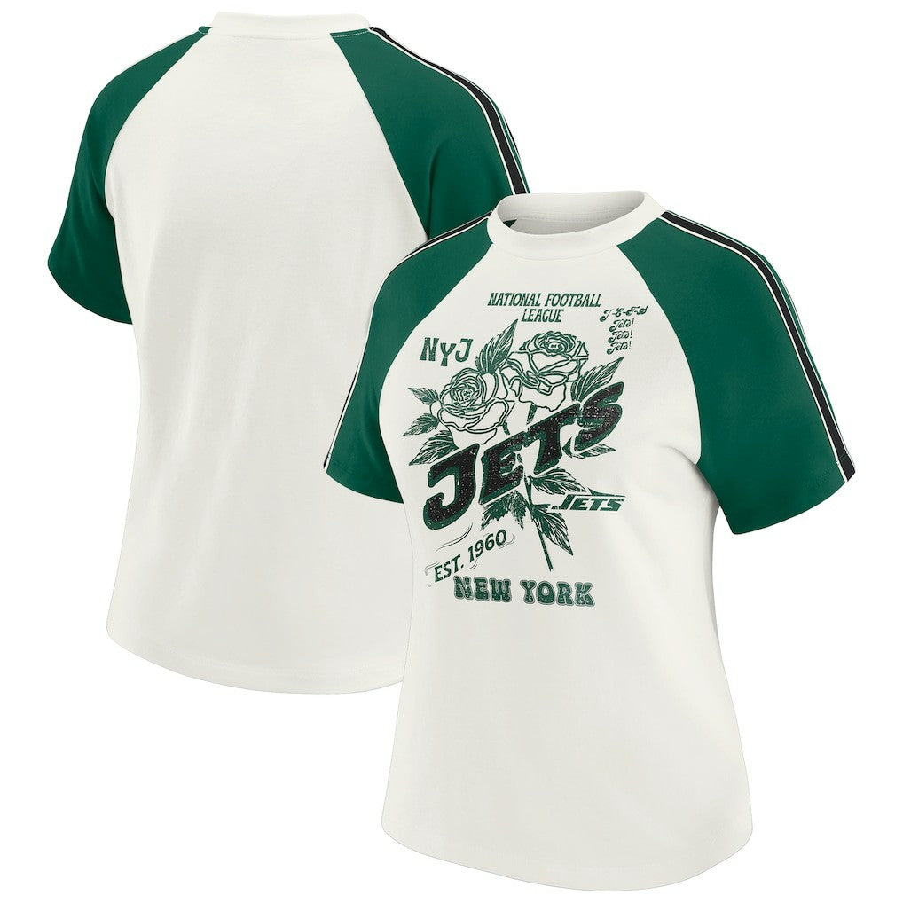 New York Jets WEAR by Erin Andrews Women's Sleeve Stripe Distressed Raglan T-Shirt - White - NFL