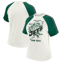 New York Jets WEAR by Erin Andrews Women's Sleeve Stripe Distressed Raglan T-Shirt - White - NFL