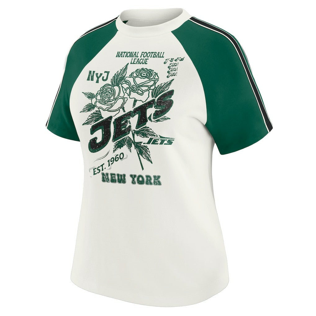 New York Jets WEAR by Erin Andrews Women's Sleeve Stripe Distressed Raglan T-Shirt - White - NFL