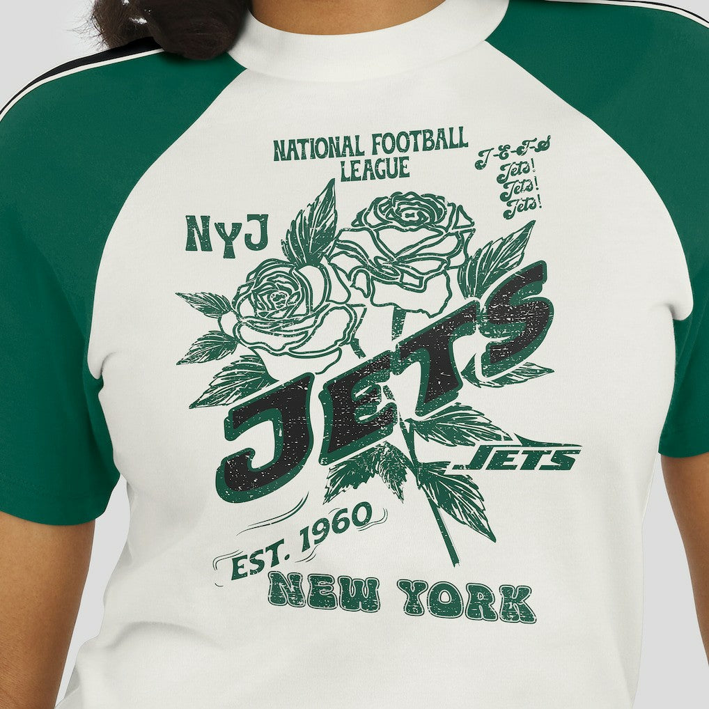 New York Jets WEAR by Erin Andrews Women's Sleeve Stripe Distressed Raglan T-Shirt - White - NFL