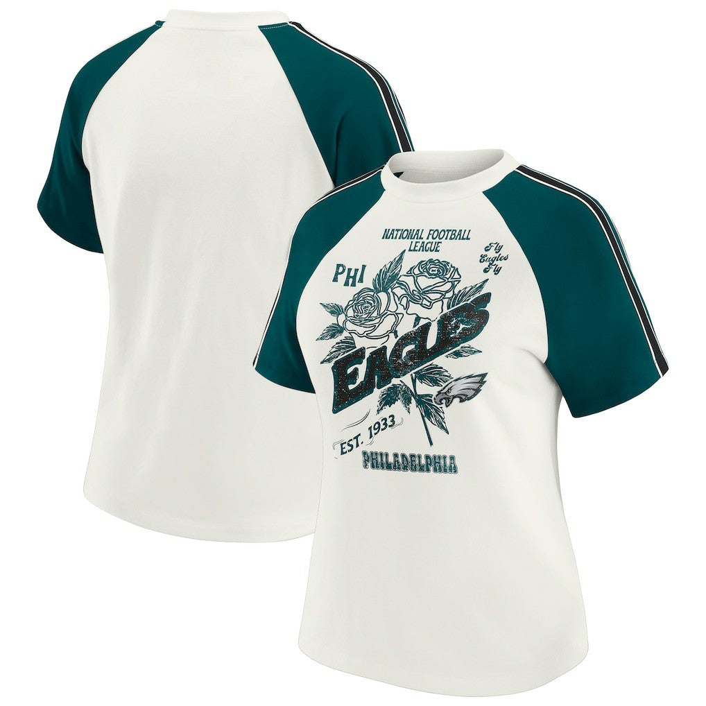 Philadelphia Eagles WEAR by Erin Andrews Women's Sleeve Stripe Distressed Raglan T-Shirt - White - NFL