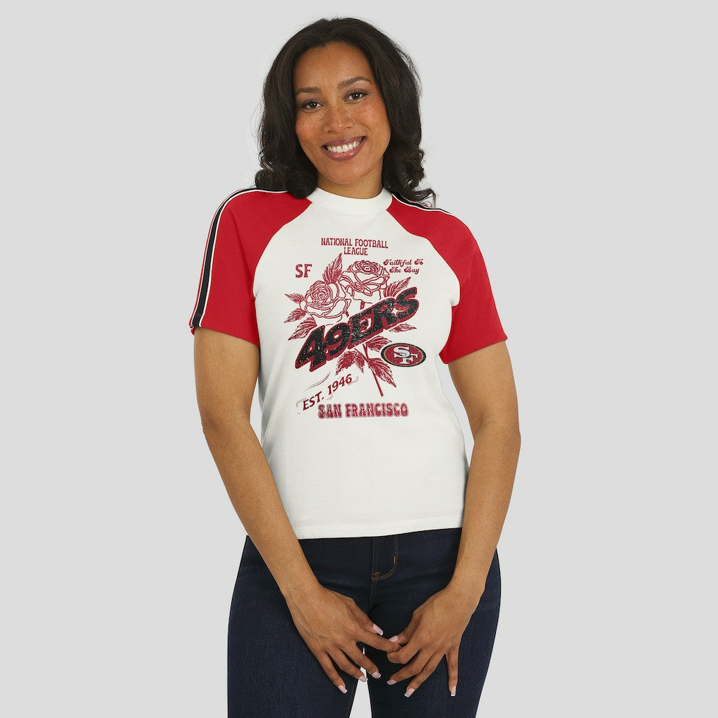 San Francisco 49ers WEAR by Erin Andrews Women's Sleeve Stripe Distressed Raglan T-Shirt - White - NFL