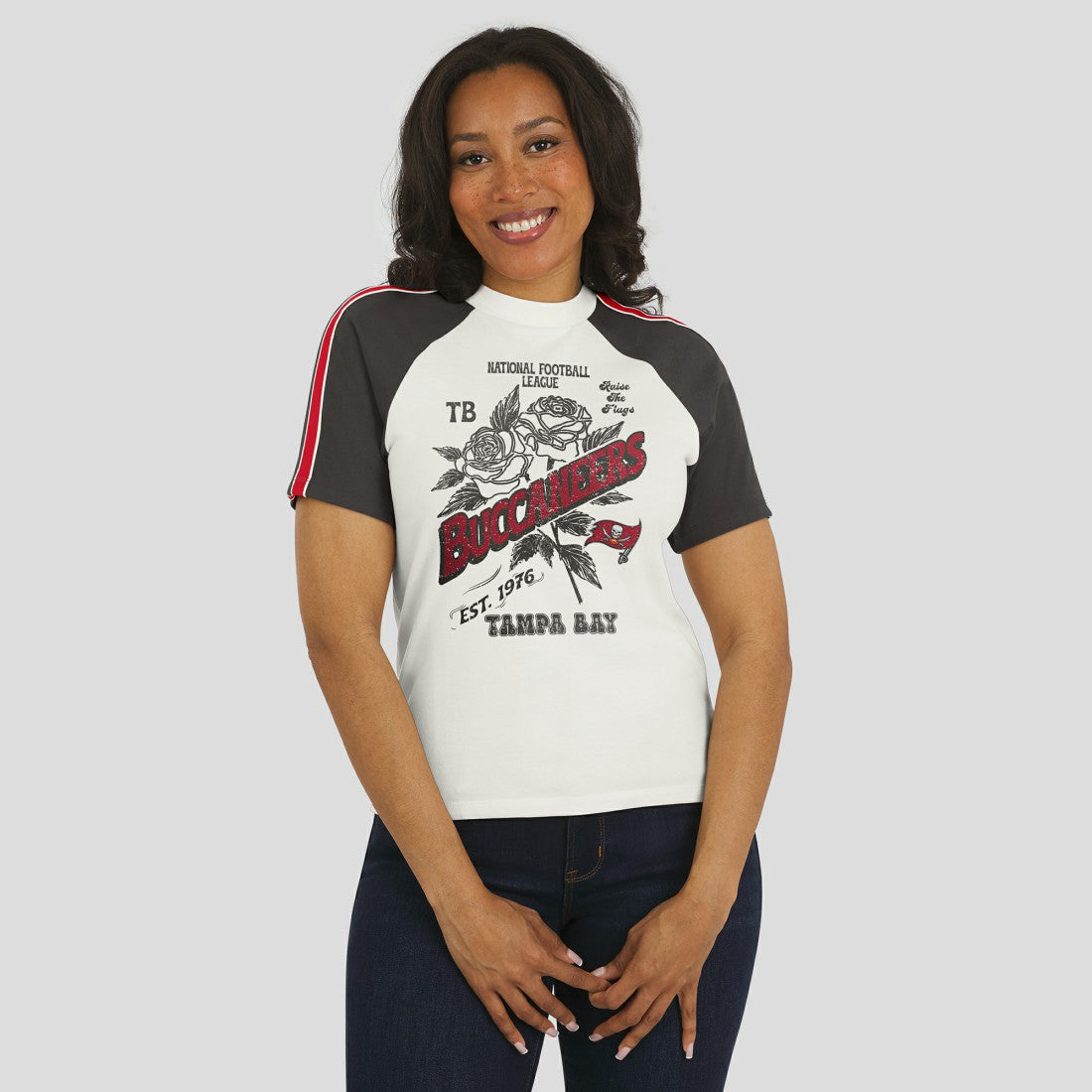 Tampa Bay Buccaneers WEAR by Erin Andrews Women's Sleeve Stripe Distressed Raglan T-Shirt - White - NFL
