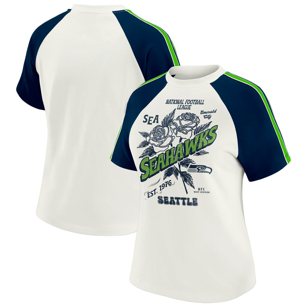 Seattle Seahawks WEAR by Erin Andrews Women's Sleeve Stripe Distressed Raglan T-Shirt - White - NFL