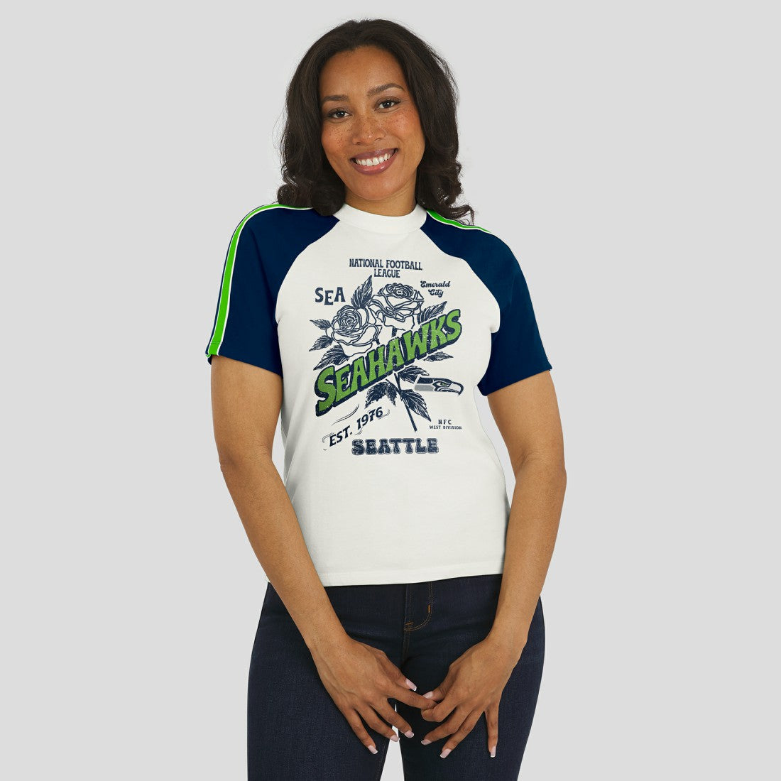 Seattle Seahawks WEAR by Erin Andrews Women's Sleeve Stripe Distressed Raglan T-Shirt - White - NFL