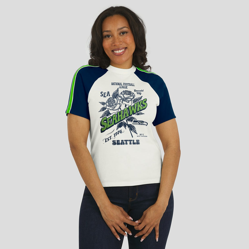 Seattle Seahawks WEAR by Erin Andrews Women's Sleeve Stripe Distressed Raglan T-Shirt - White - NFL