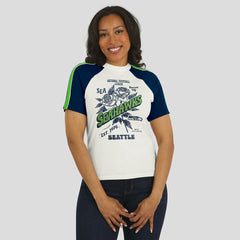 Seattle Seahawks WEAR by Erin Andrews Women's Sleeve Stripe Distressed Raglan T-Shirt - White - NFL