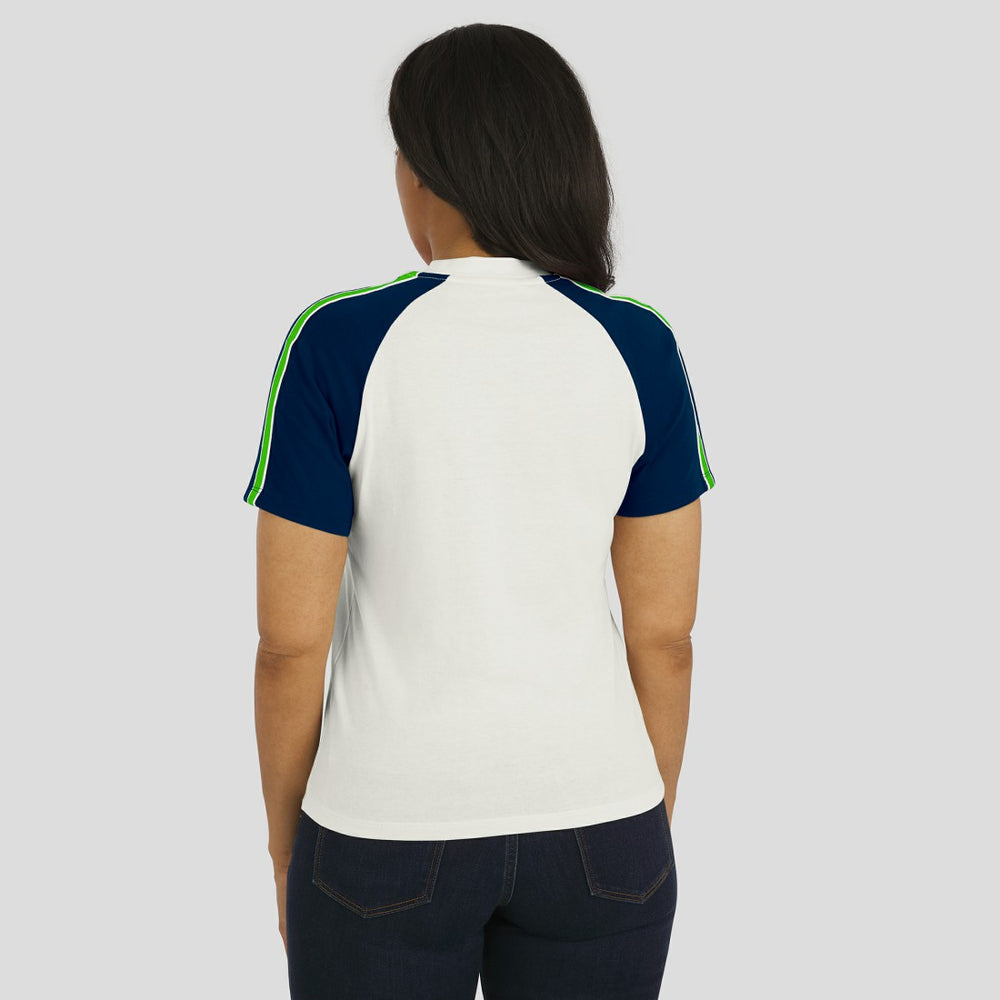 Seattle Seahawks WEAR by Erin Andrews Women's Sleeve Stripe Distressed Raglan T-Shirt - White - NFL