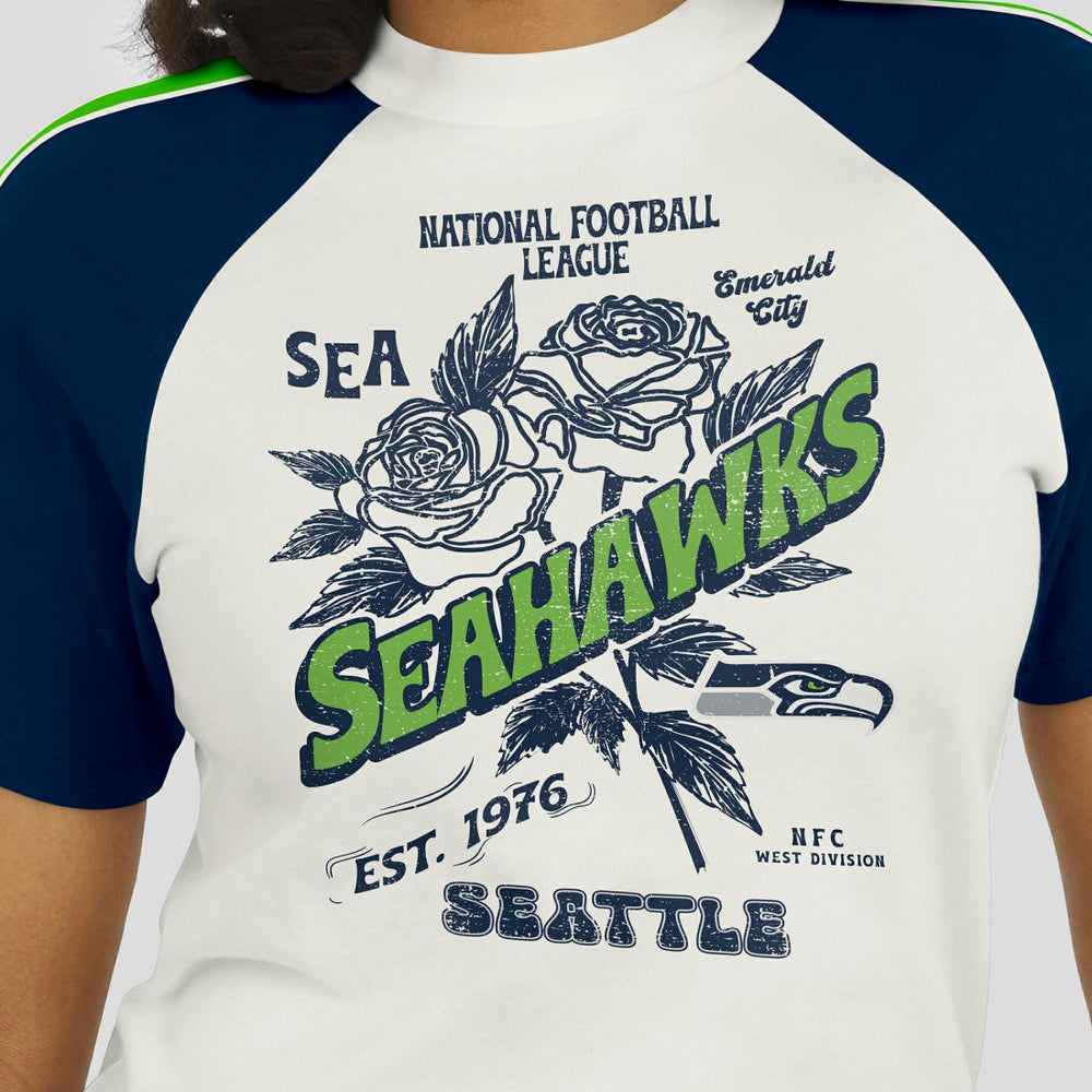 Seattle Seahawks WEAR by Erin Andrews Women's Sleeve Stripe Distressed Raglan T-Shirt - White - NFL