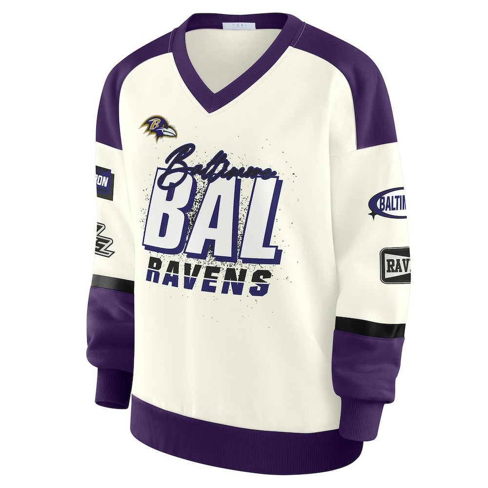 Baltimore Ravens WEAR by Erin Andrews Women's Racing Crew V-Neck Sweatshirt - Cream - NFL