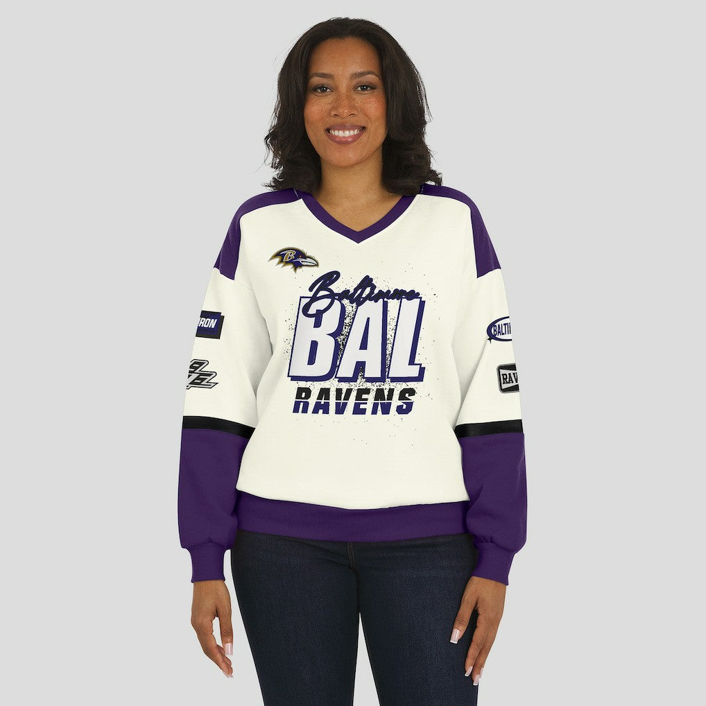 Baltimore Ravens WEAR by Erin Andrews Women's Racing Crew V-Neck Sweatshirt - Cream - NFL