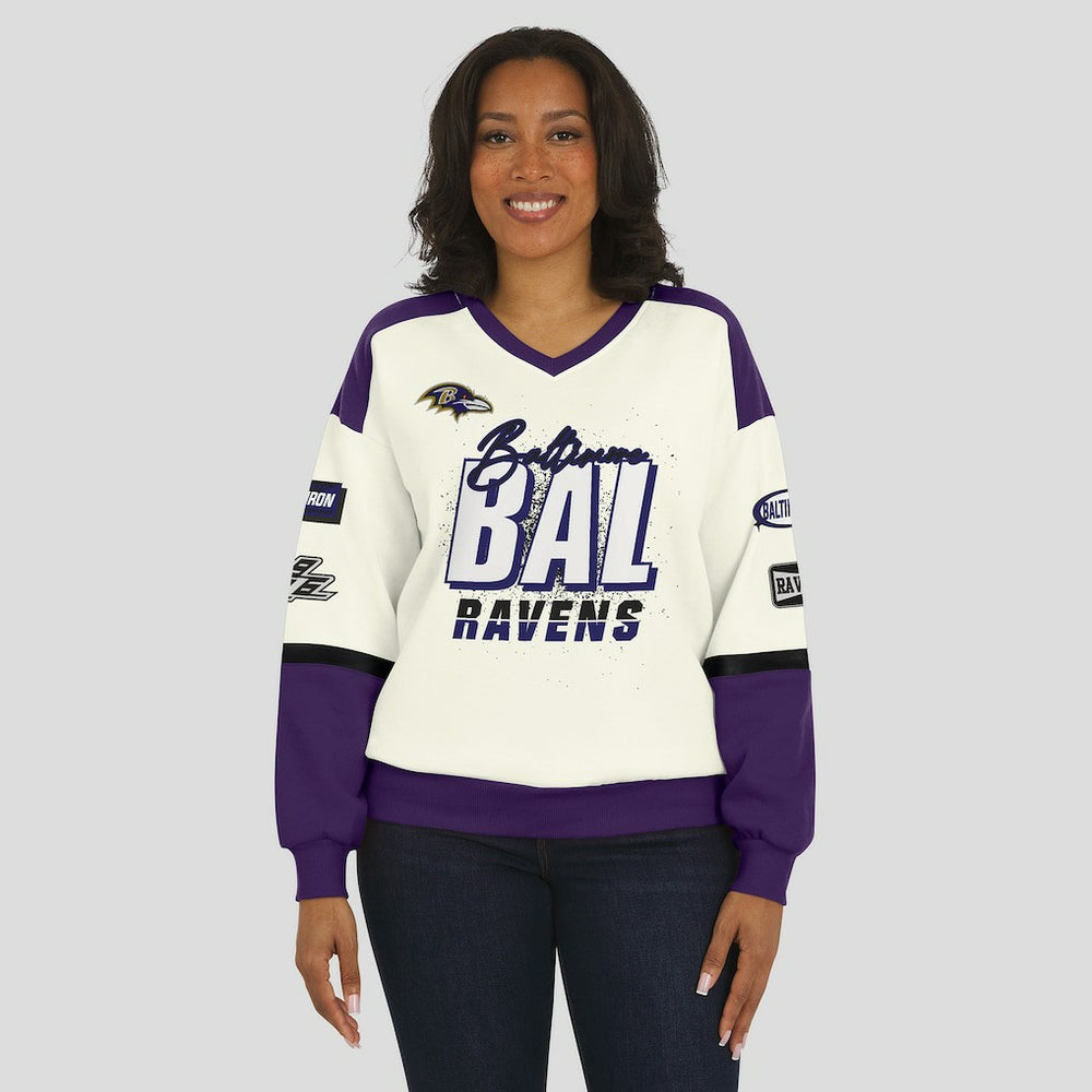 Baltimore Ravens WEAR by Erin Andrews Women's Racing Crew V-Neck Sweatshirt - Cream - NFL