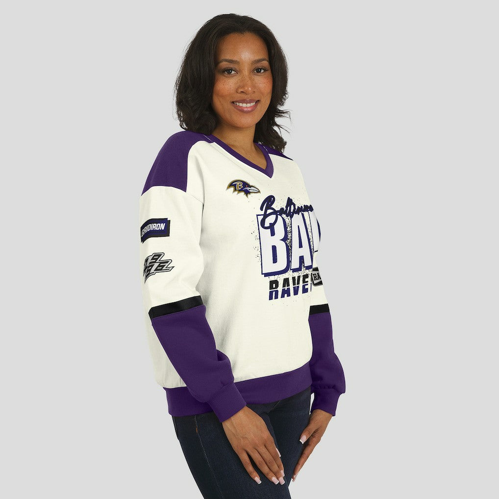 Baltimore Ravens WEAR by Erin Andrews Women's Racing Crew V-Neck Sweatshirt - Cream - NFL