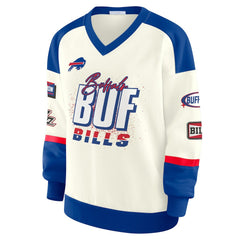 Buffalo Bills WEAR by Erin Andrews Women's Racing Crew V-Neck Sweatshirt - Cream - NFL