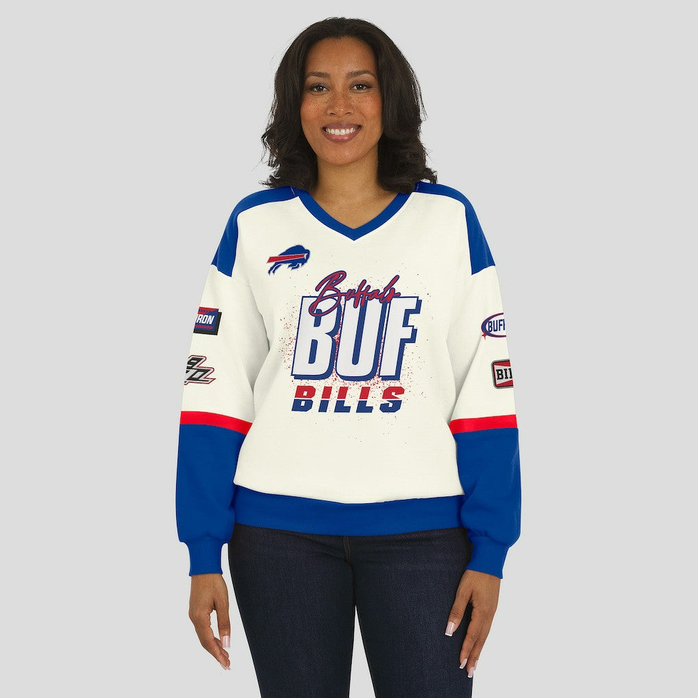Buffalo Bills WEAR by Erin Andrews Women's Racing Crew V-Neck Sweatshirt - Cream - NFL