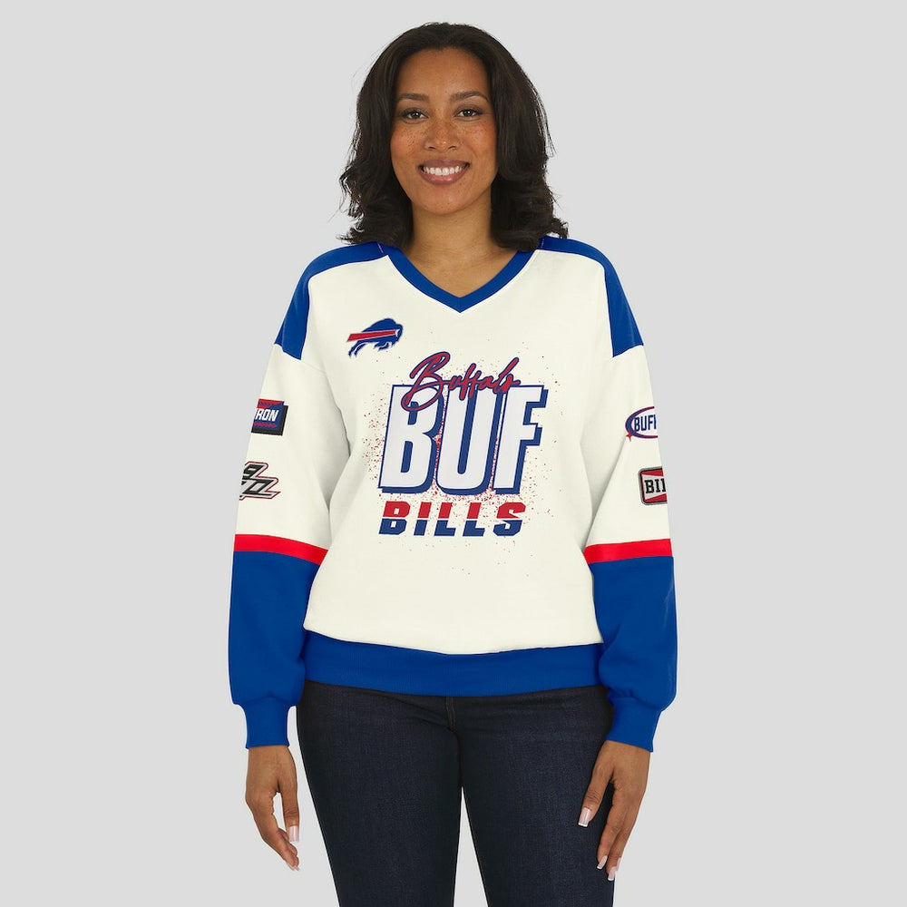 Buffalo Bills WEAR by Erin Andrews Women's Racing Crew V-Neck Sweatshirt - Cream - NFL
