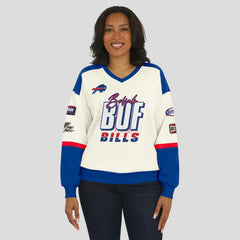 Buffalo Bills WEAR by Erin Andrews Women's Racing Crew V-Neck Sweatshirt - Cream - NFL