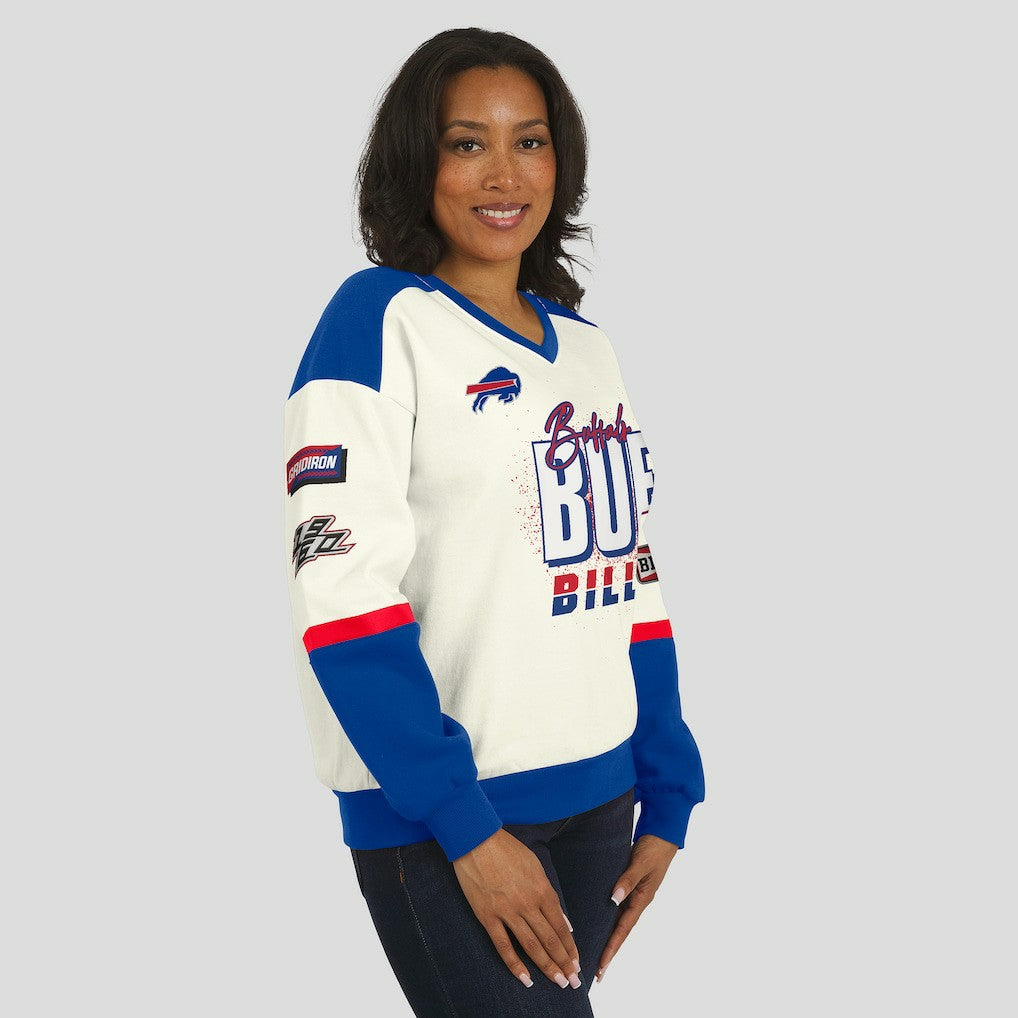 Buffalo Bills WEAR by Erin Andrews Women's Racing Crew V-Neck Sweatshirt - Cream - NFL