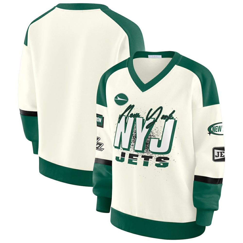 New York Jets WEAR by Erin Andrews Women's Racing Crew V-Neck Sweatshirt - Cream - NFL