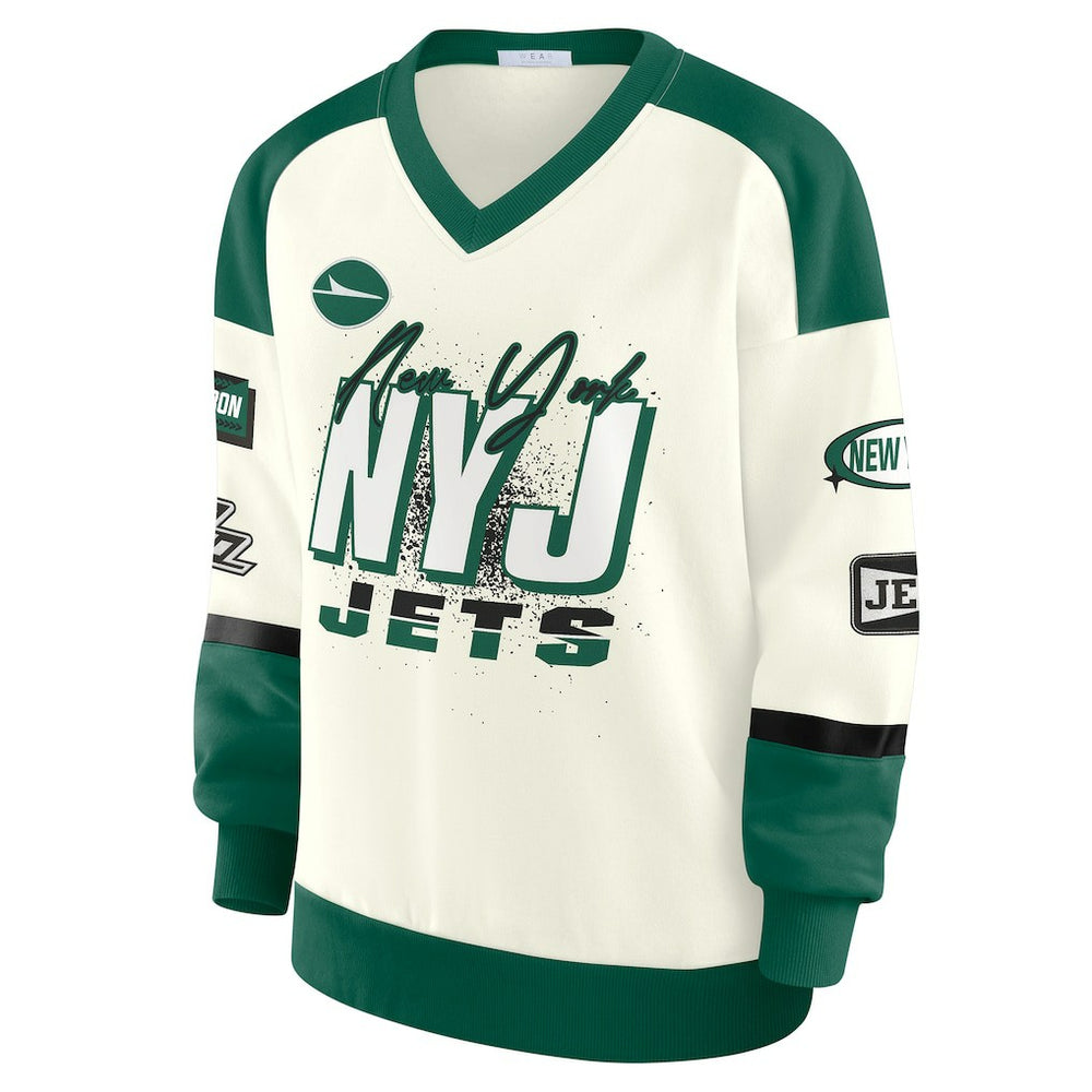 New York Jets WEAR by Erin Andrews Women's Racing Crew V-Neck Sweatshirt - Cream - NFL